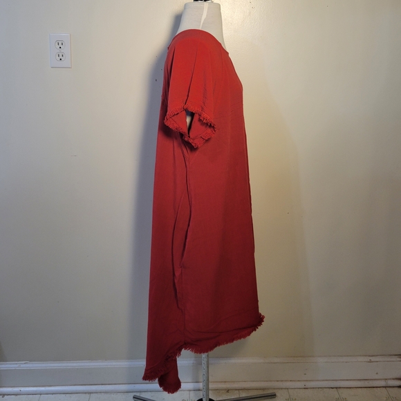 Vasna (Women's L) Red High-Low Frayed Hem Cotton Linen Blend Casual Dress - Picture 3 of 8